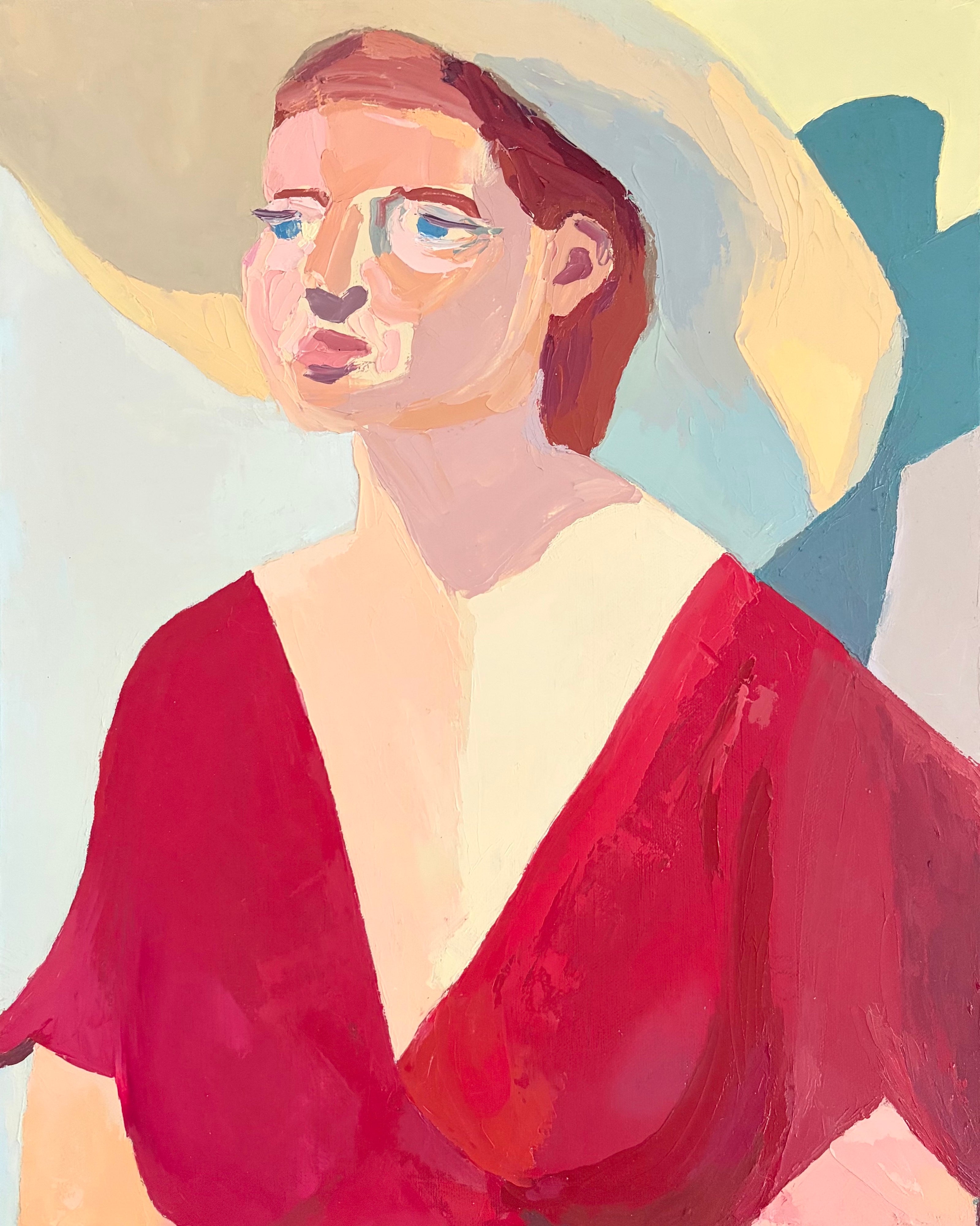 Painting of a woman in a straw-colored hat and v-neck red dress