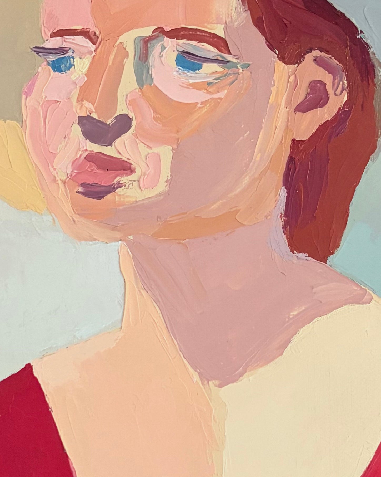 Zoomed in version of Zoomed in version of the face in an abstract painting of a woman wearing a hat and v-neck red dress