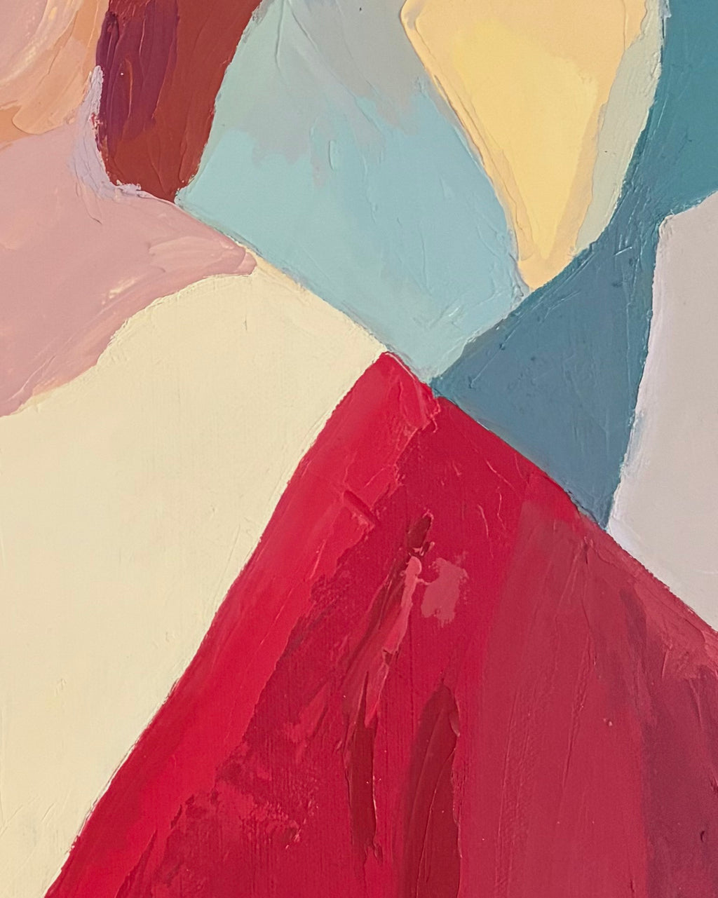Zoomed in version of an abstract painting of a woman wearing a straw-colored hat and v-neck red dress