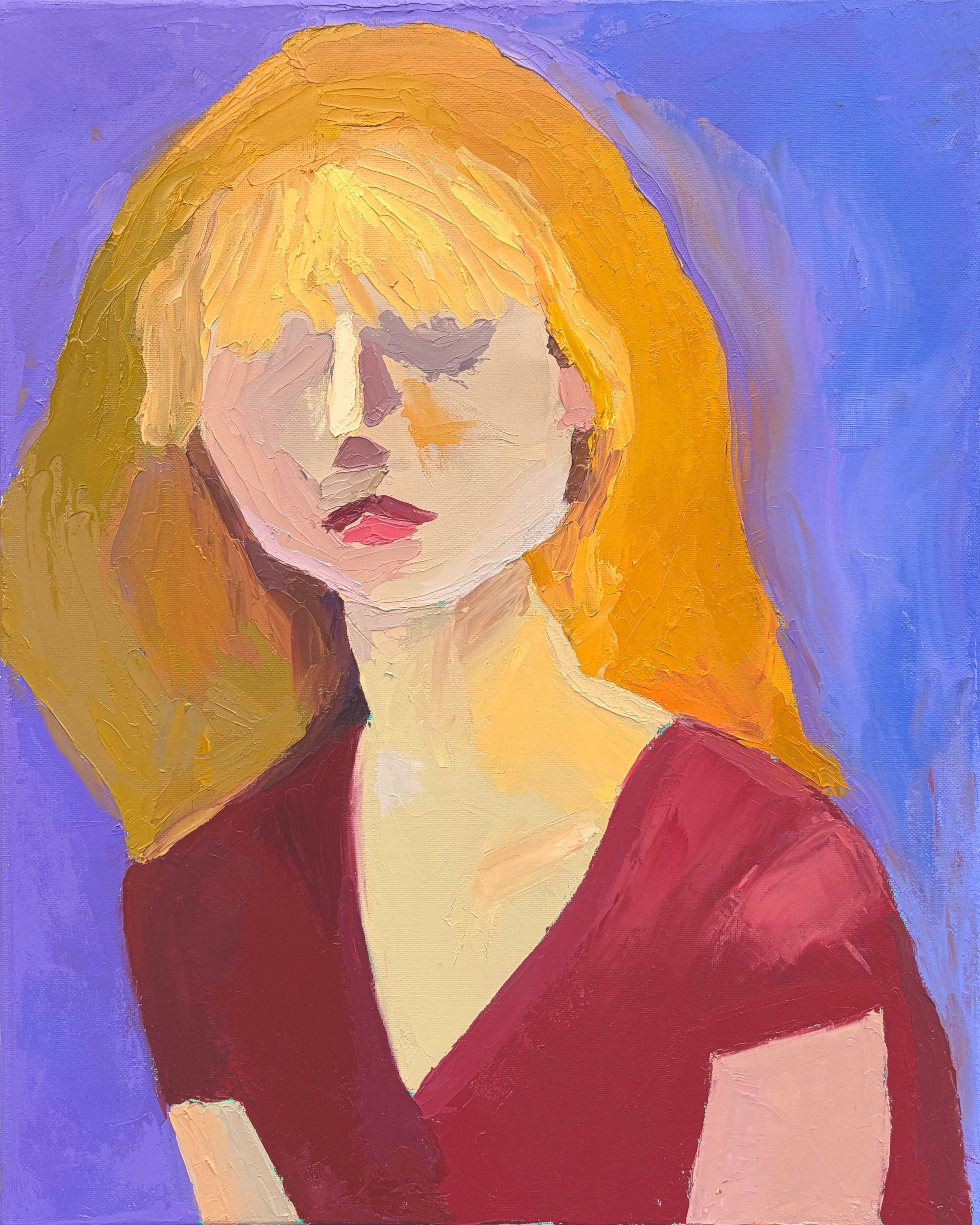 Textured painting of a person with blonde hair and a red top against a blue background