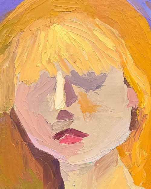 Zoomed in version of a painting of a person with blond hair
