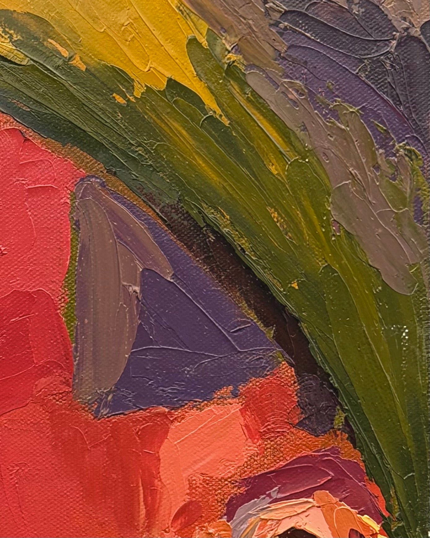 Colorful textured painting of a person wearing a green headscarf and blue shirt. This image is zoomed into the headscarf so you can get a closer look at the brush strokes.