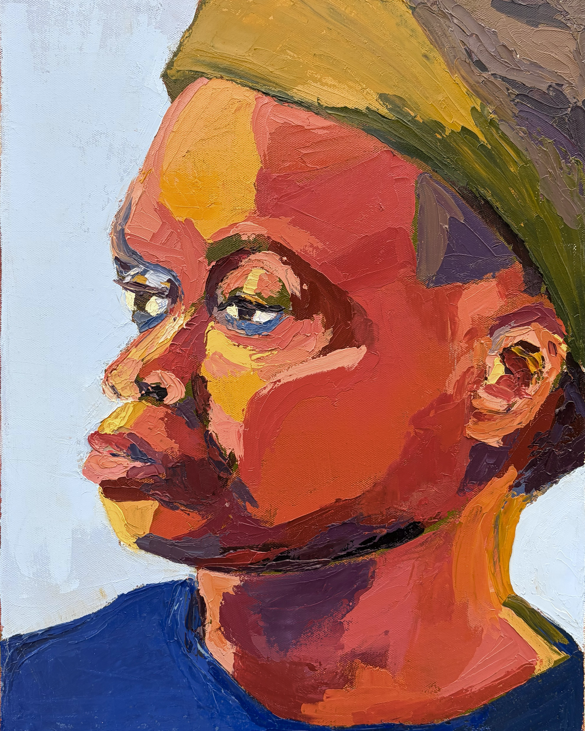 Colorful textured painting of a person wearing a green headscarf and blue shirt.