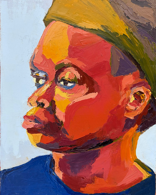 Colorful textured painting of a person wearing a green headscarf and blue shirt.