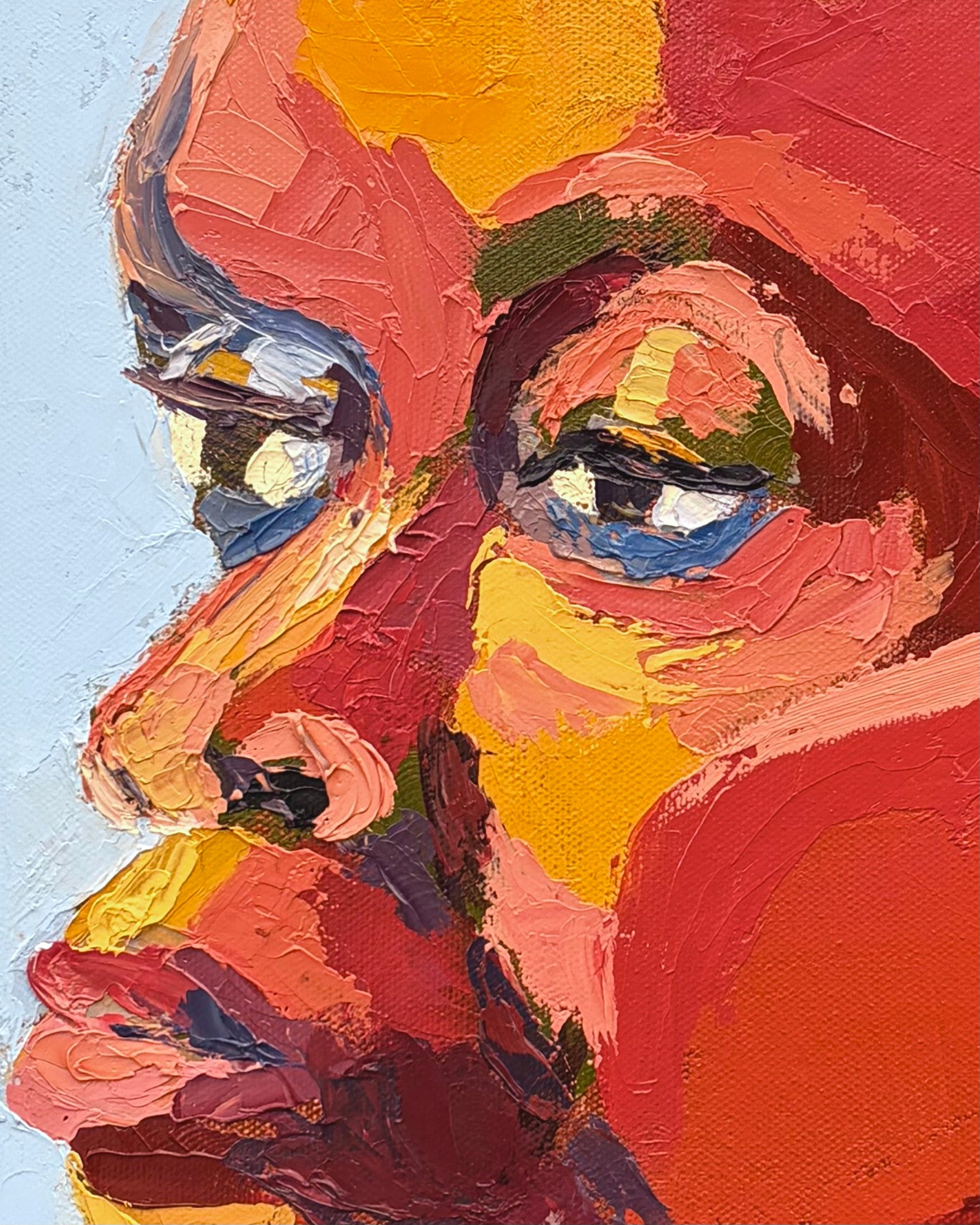 Colorful textured painting of a person wearing a green headscarf and blue shirt. This image is zoomed into the face so you can get a closer look at the brush strokes.