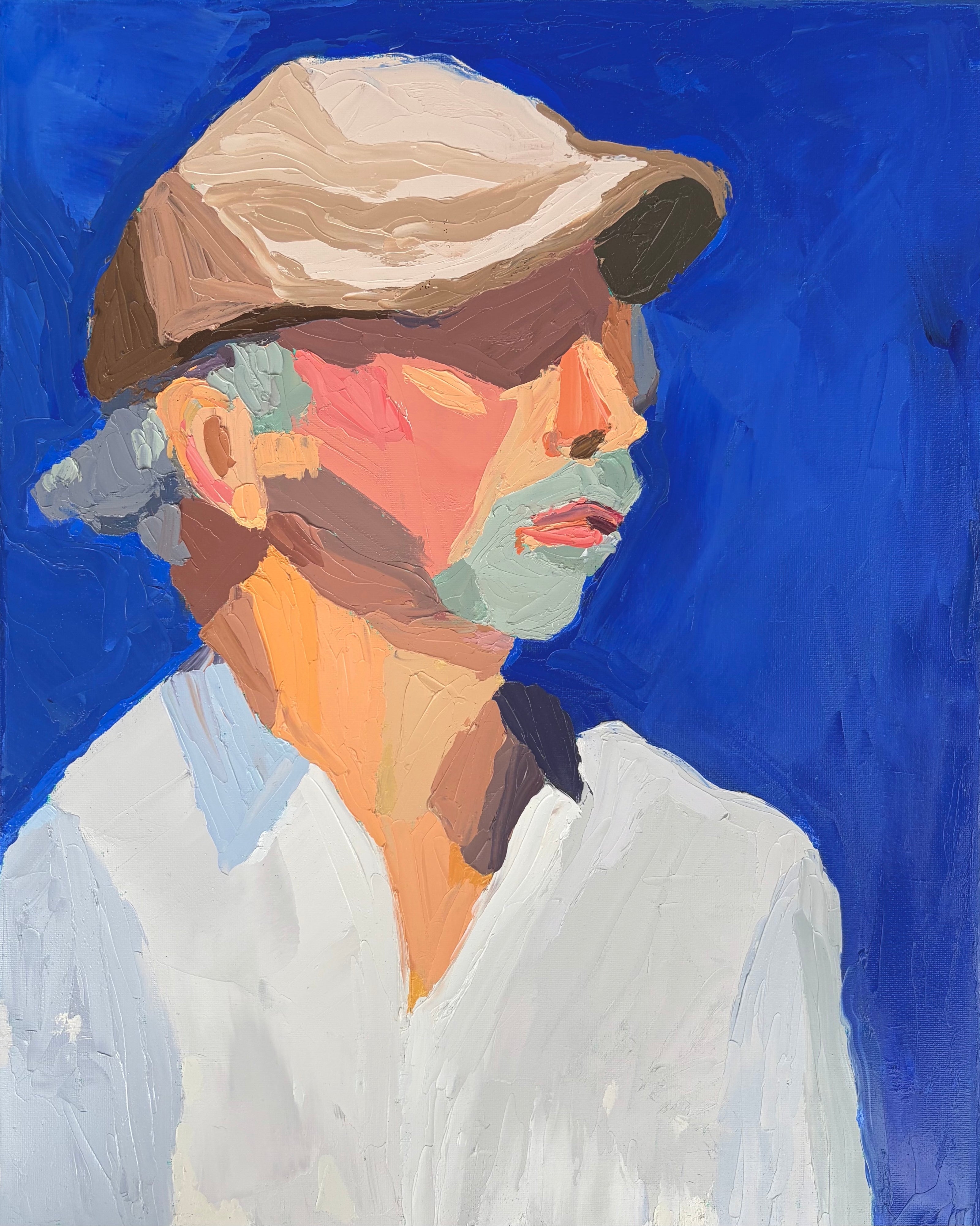 Painting of a man wearing a hat and white shirt against a bright blue background