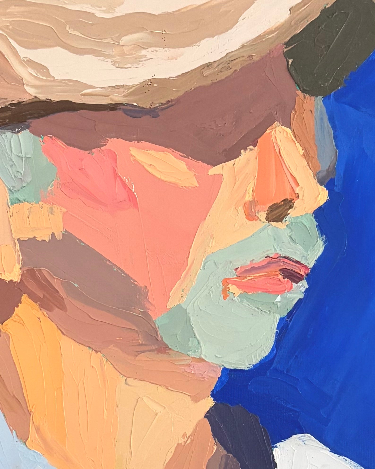Zoomed in section of a painting of a man wearing a hat and white shirt against a bright blue background (his face)
