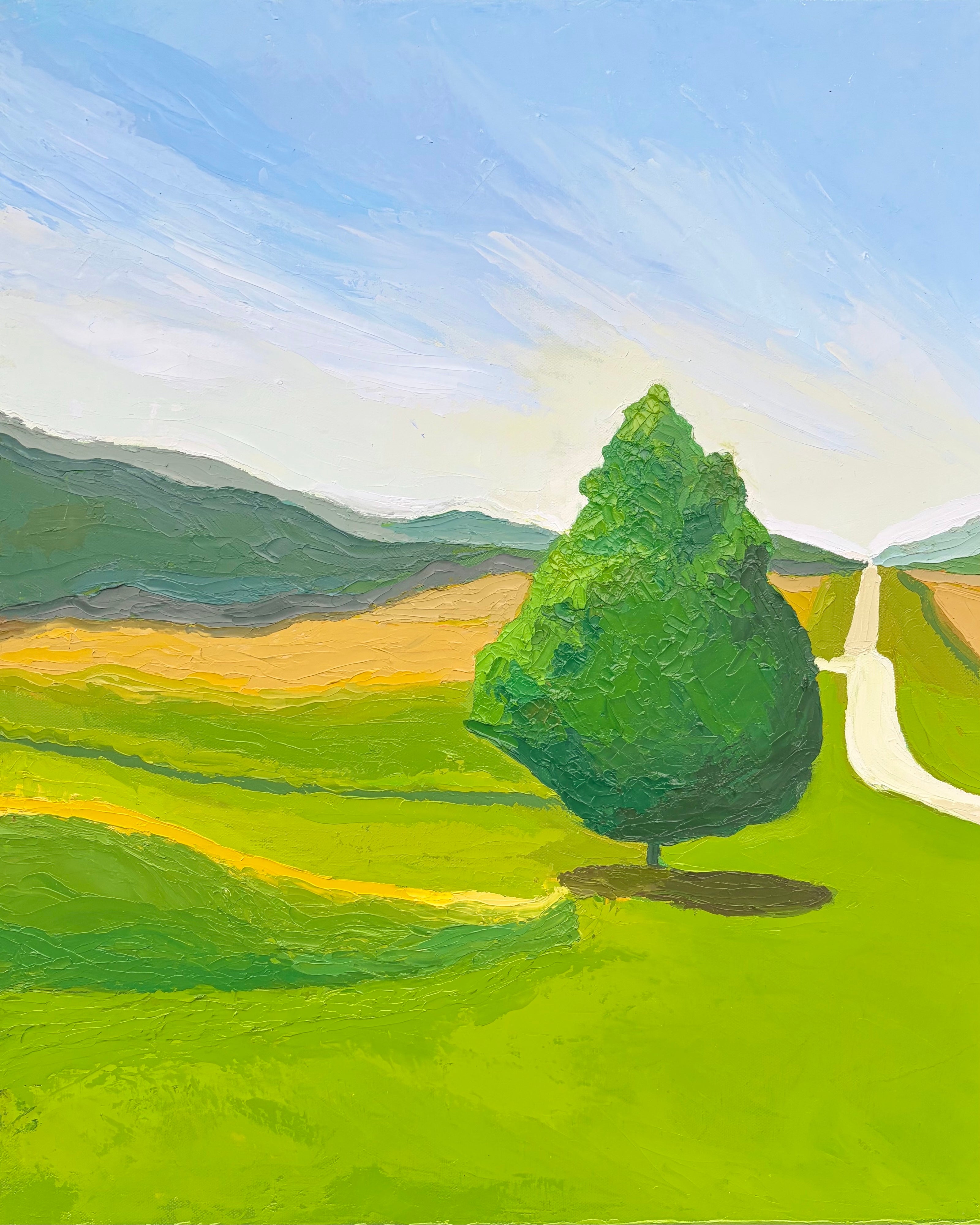 Painting of a solitary tree in a green landscape with rolling hills and a clear sky.