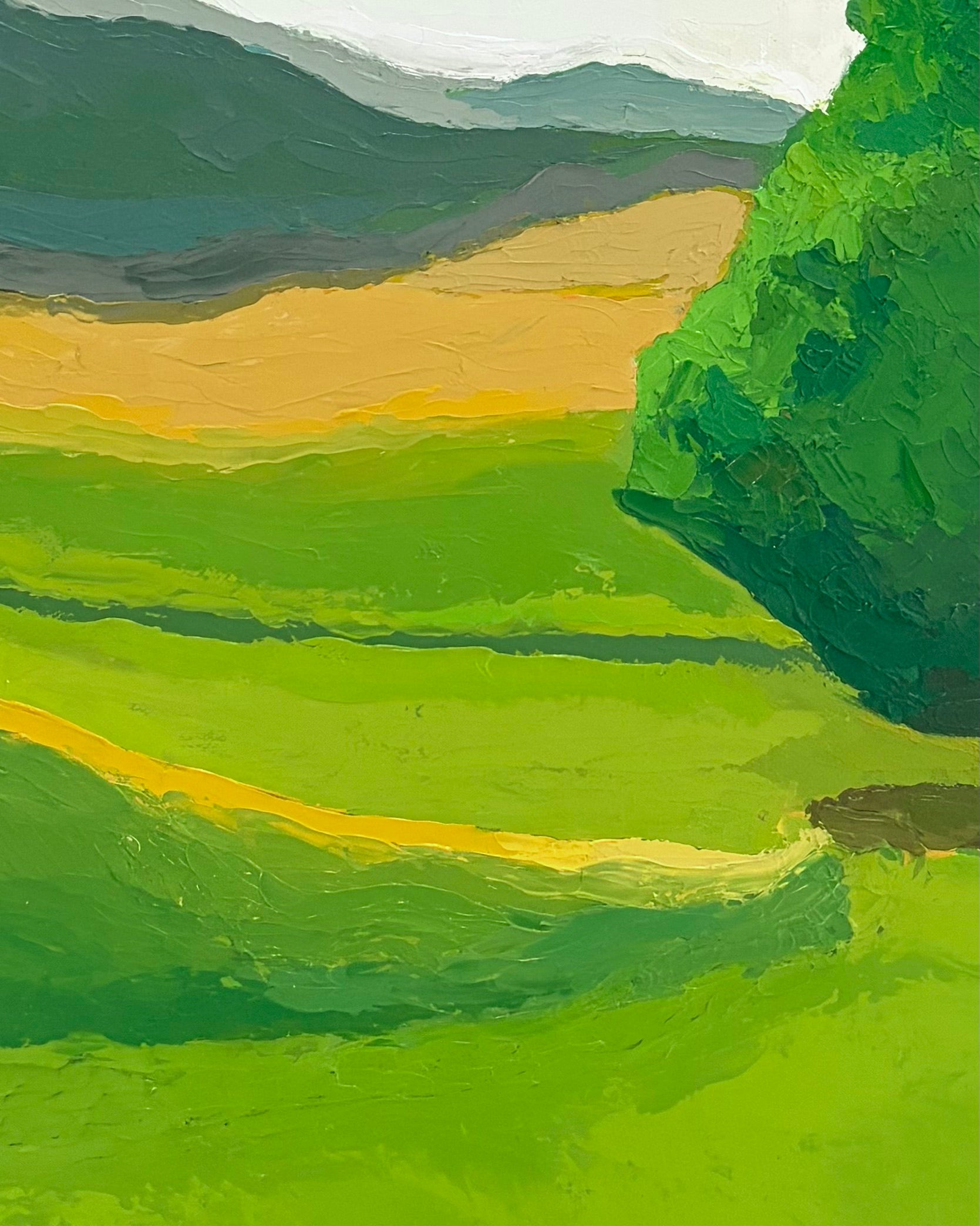 Zoomed in section of a painting of a simplified landscape with green fields and a blue sky