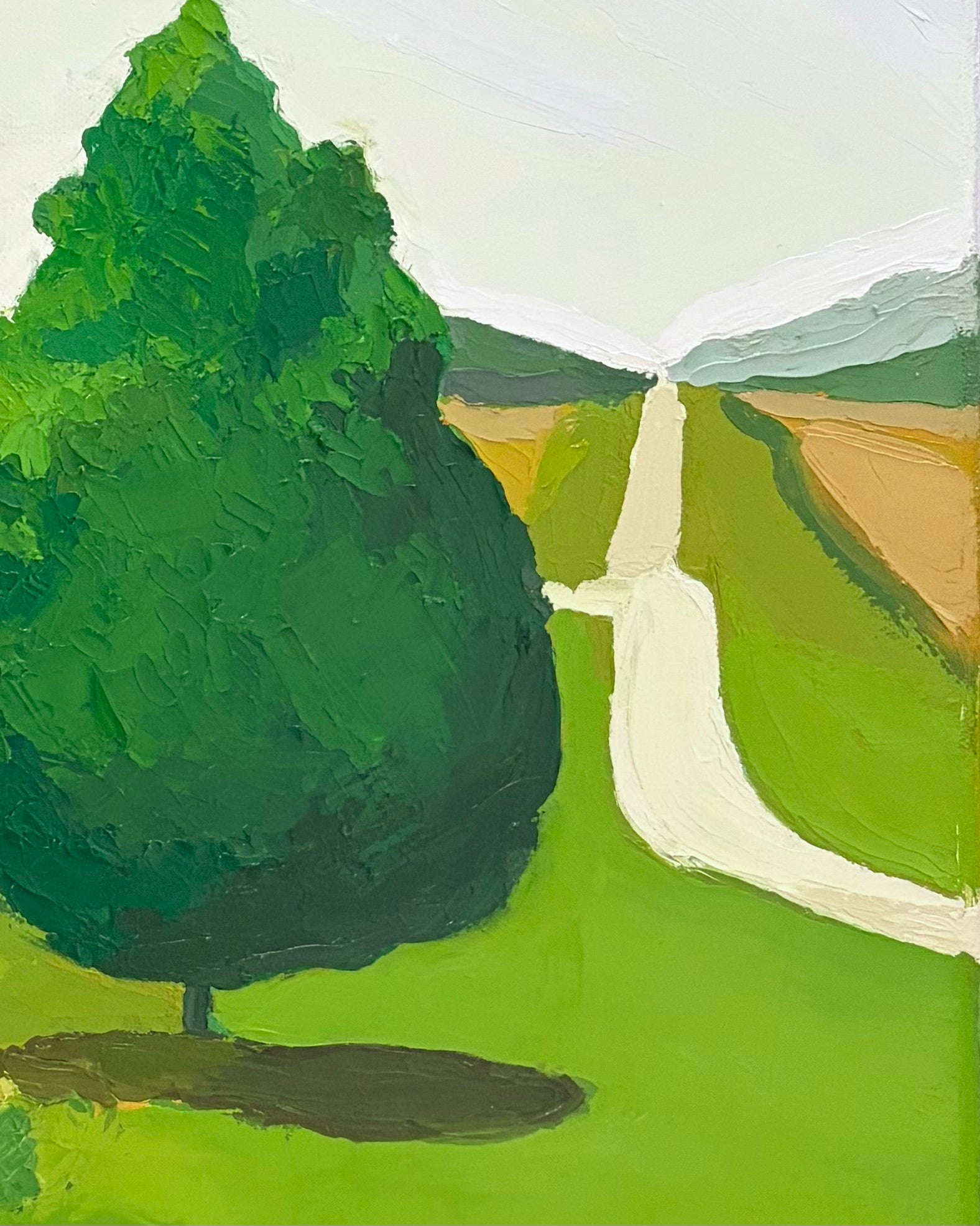 Zoomed in portion of a painting of a large green tree in a landscape with a road and fields.