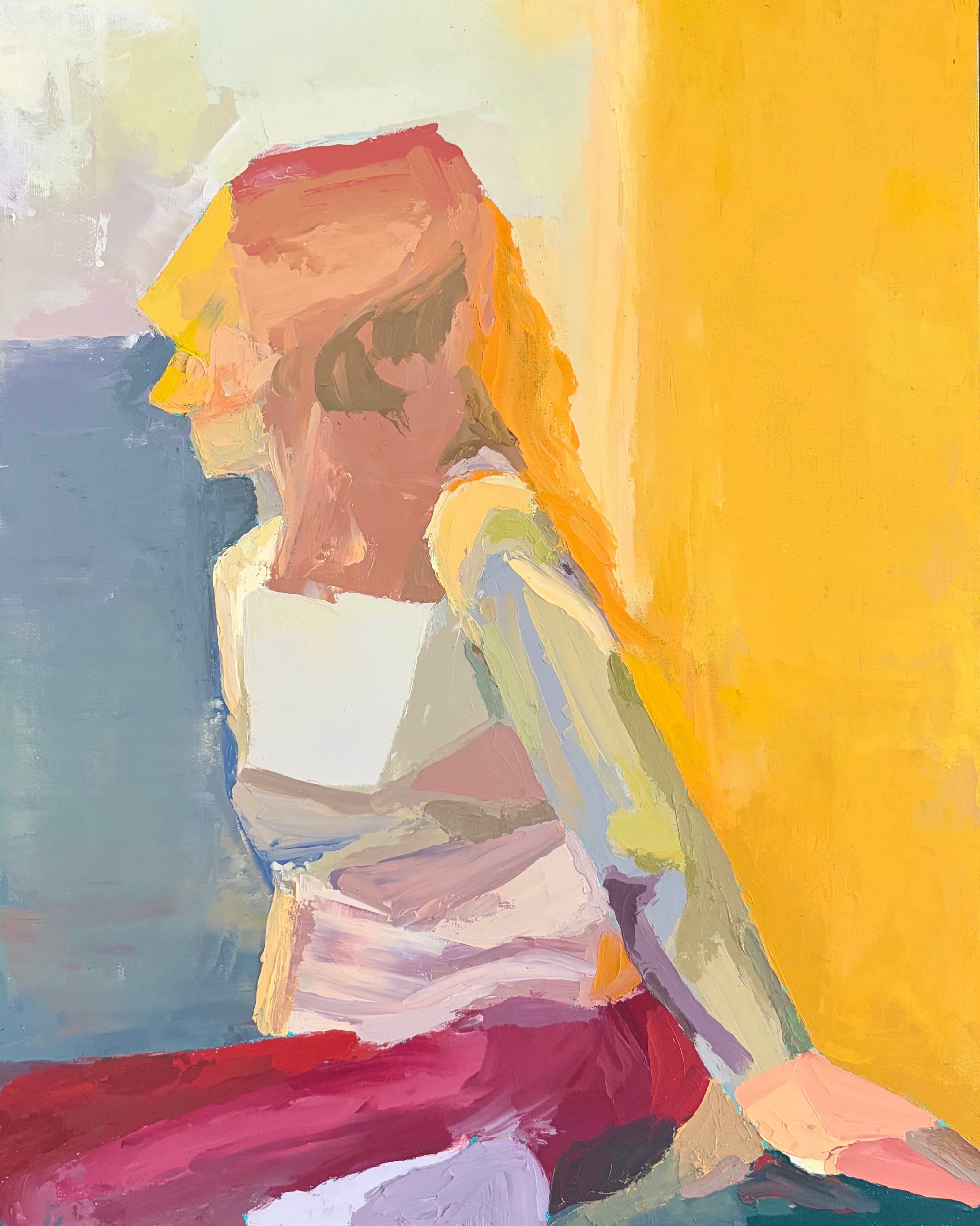 Abstract painting of a person with a vibrant yellow dominating the canvas