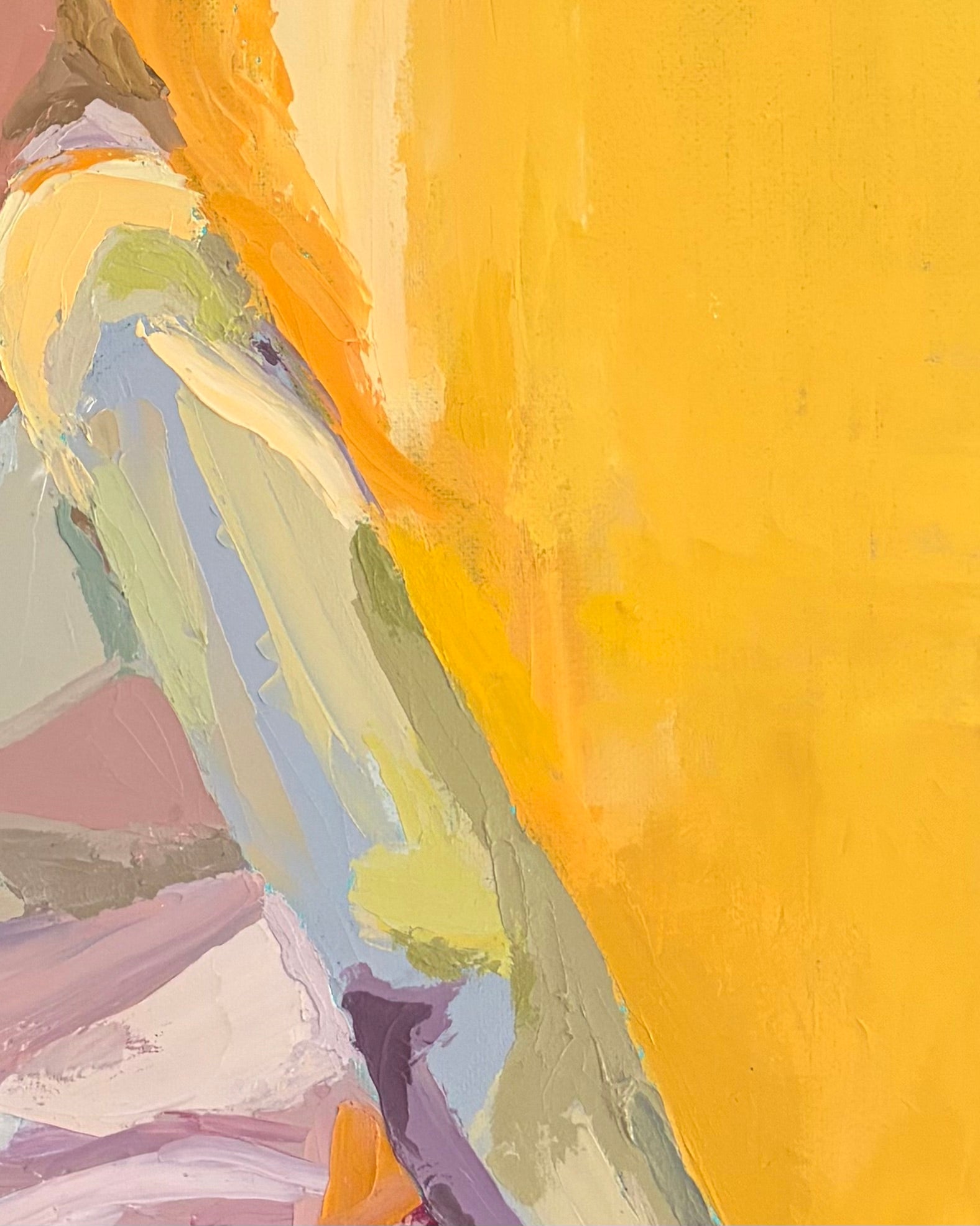 Zoomed in version of the arm and background in an abstract painting of a portrait, highly textured paint in yellow, white, and gray tones
