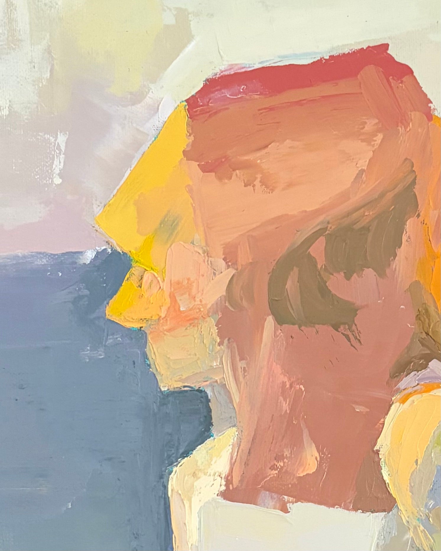 Zoomed in version of the face in an abstract painting of a portrait, highly textured paint in yellow, white, and gray tones