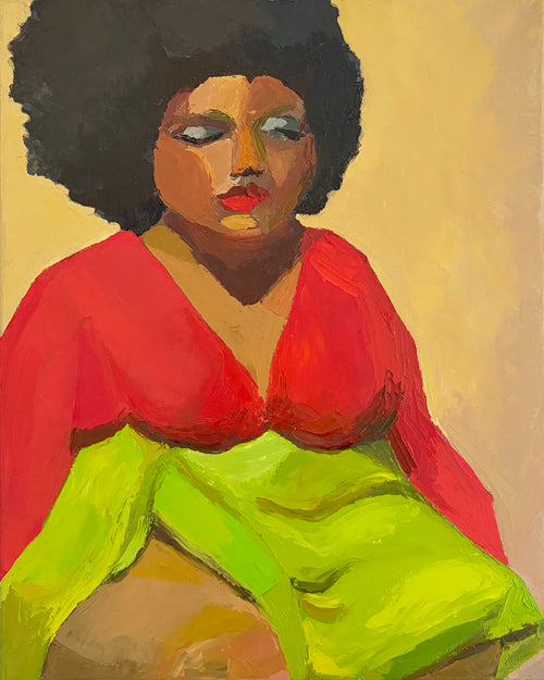 Oil painting of a seated woman wearing a red top and green dress against a beige background
