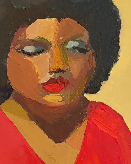 Zoomed in section of an oil painting of a seated woman wearing a red top and green dress against a beige background