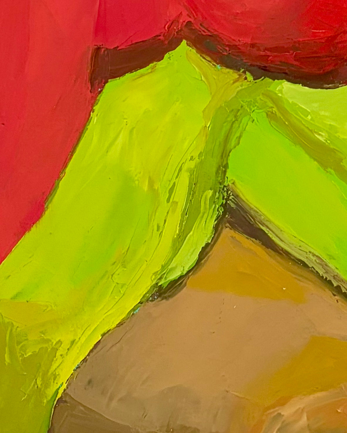 Zoomed in section of an oil painting of a seated woman wearing a red top and green dress against a beige background