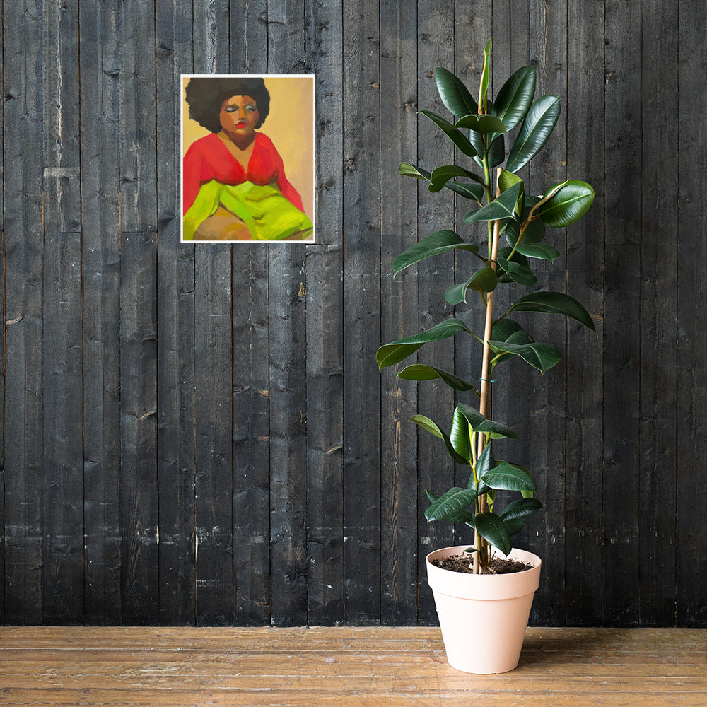 Mockup of oil painting print on a dark gray wall above a white chair and green plant