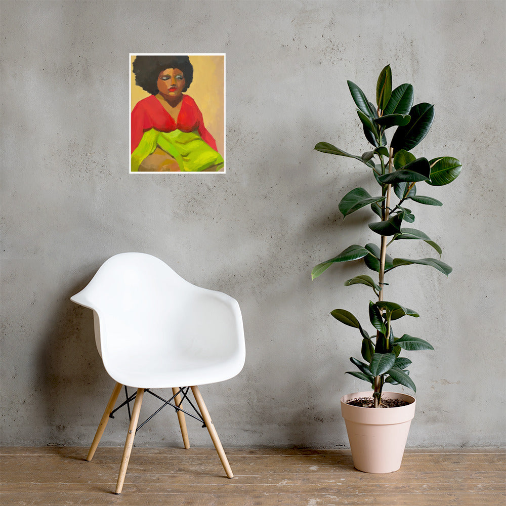 Mockup of oil painting print on a gray wall above a white chair and green plant